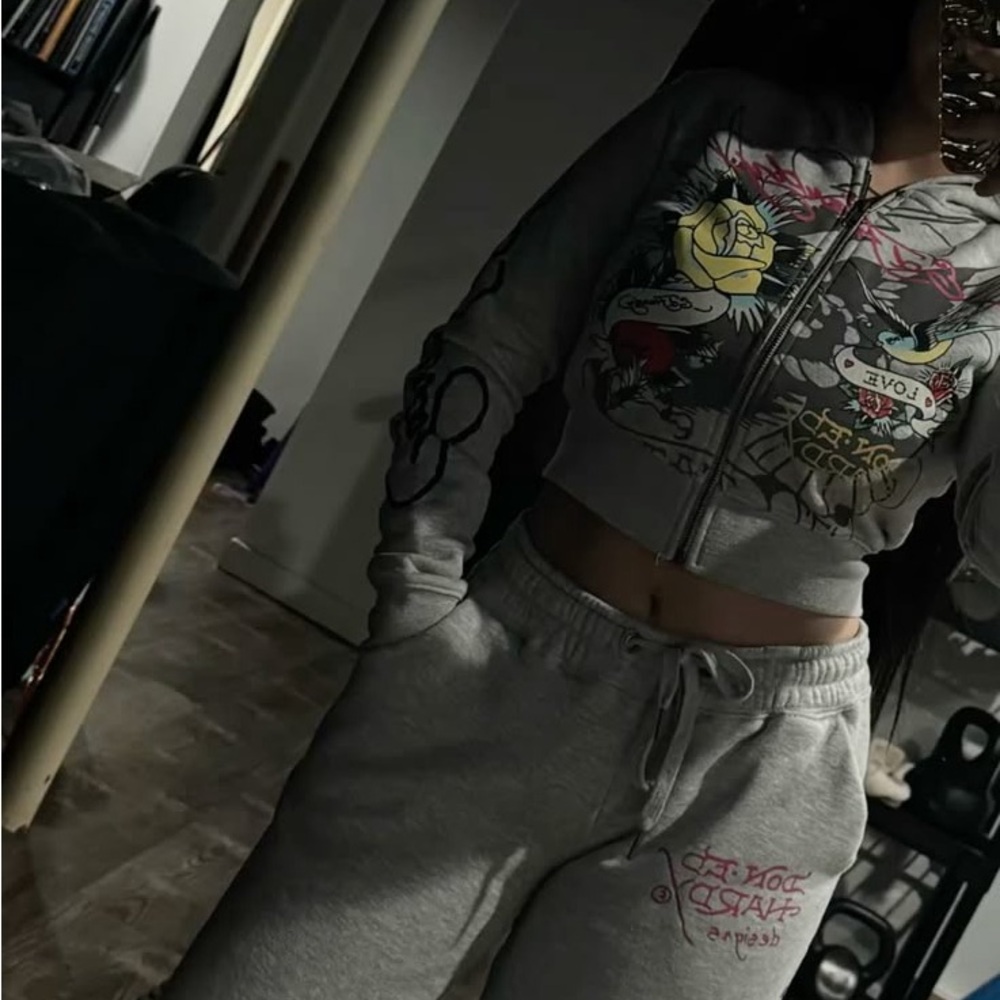 Ed Hardy Gray and Pink Graphic Tracksuit